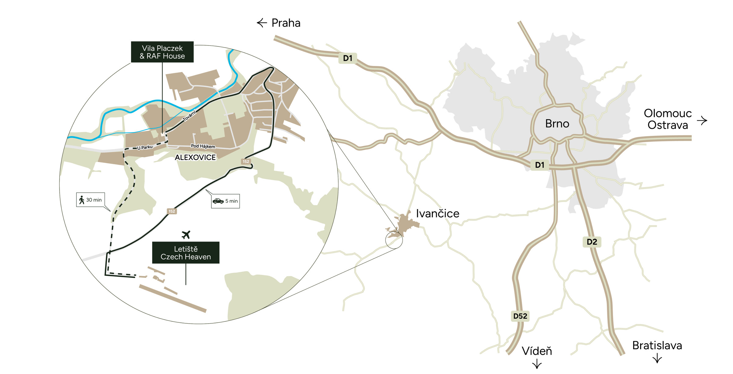 Mapa regionu – Ivančice, Alexovice, Brno a okolí